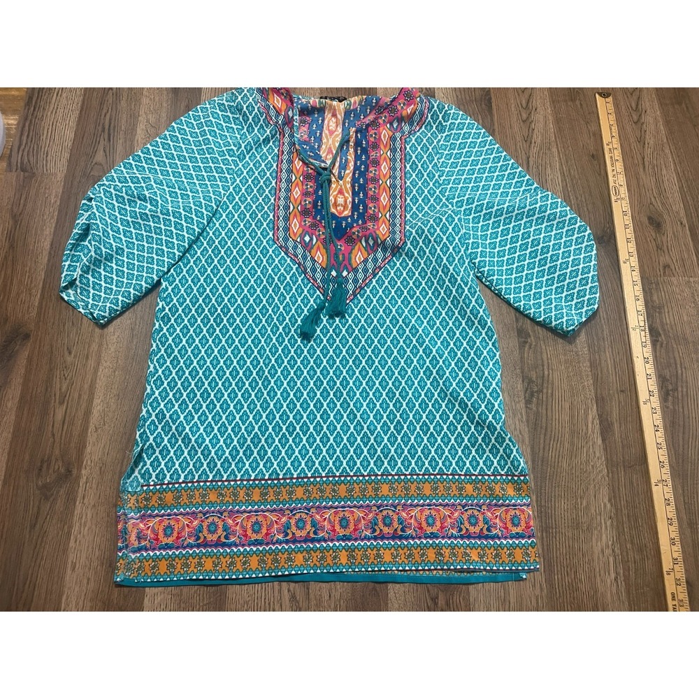 NLW Shirt, Women's Size Large, Blue Pink, 3/4 Sleeve, V-neck, Lace Up
